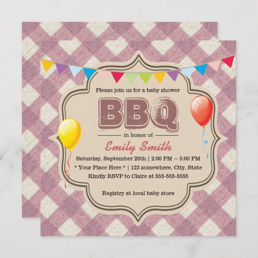 かわいい格子縞のベビーシャワーBBQのパーティの招待状 招待状 (正面/裏面)