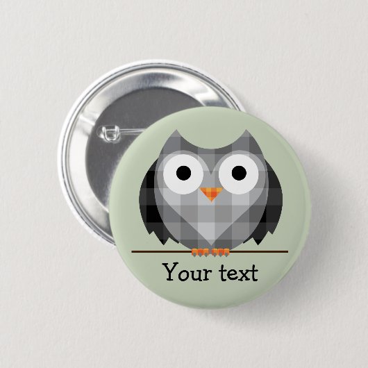 かわいい格子縞の灰色の角状フクロウのイラストレーション 缶バッジ (正面&裏面)