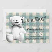 かわいい格子髭クマ赤ちゃんシャワー 招待状 (正面)