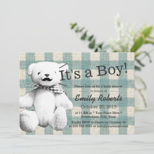 かわいい格子髭クマ赤ちゃんシャワー 招待状 (スタンド正面)