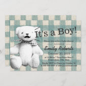 かわいい格子髭クマ赤ちゃんシャワー 招待状 (正面/裏面)