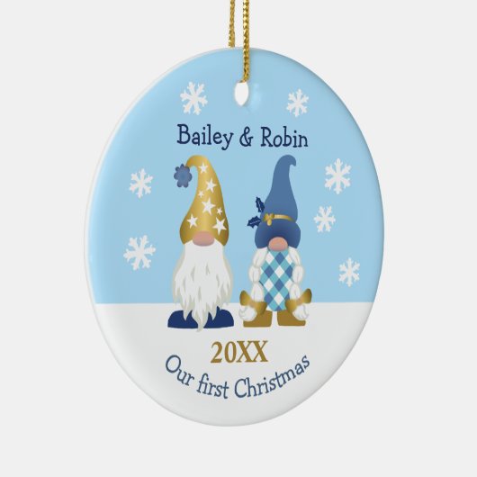 かわいい格言ズ私たちの初めてのクリスマス金ゴールドブルーギンガム セラミックオーナメント (右)