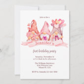 かわいい格言バルーンピンクの最初の誕生日パーティー 招待状 (正面)