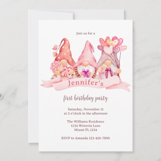 かわいい格言バルーンピンクの最初の誕生日パーティー 招待状 (正面)