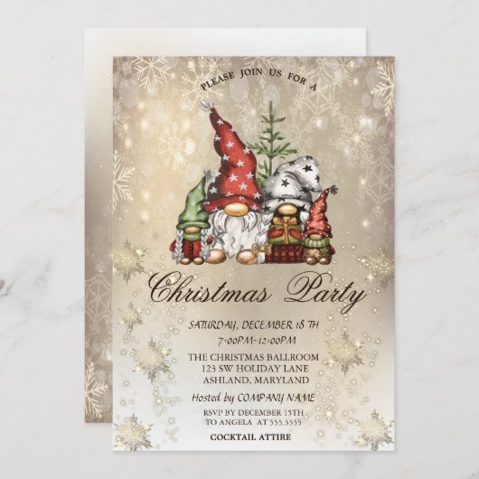 かわいい格言ファミリースノーフレーク金ゴールドパーティー 招待状 (正面/裏面)