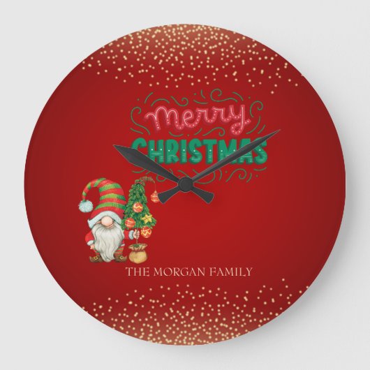 かわいい格言松の木紙吹雪赤メリークリスマス ラージ壁時計 (正面)