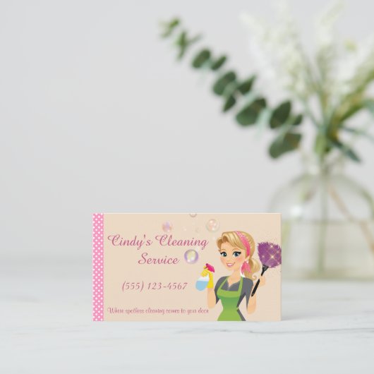 かわいい桃のマンガのメイドハウスクリーニングサービス 名刺 (スタンド正面)