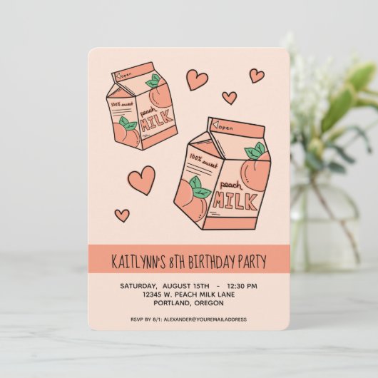 かわいい桃のミルク誕生日パーティー 招待状 (スタンド正面)