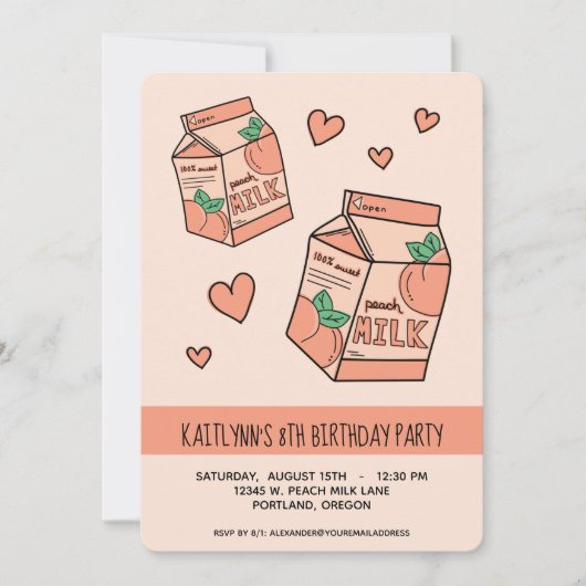 かわいい桃のミルク誕生日パーティー 招待状 (正面)