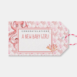 かわいい桃の珊瑚水彩タコ |ベビーガール ギフトタグ