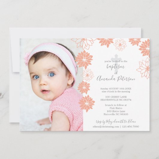 かわいい桃の花柄クロスガールバプテスマ 招待状 (正面)