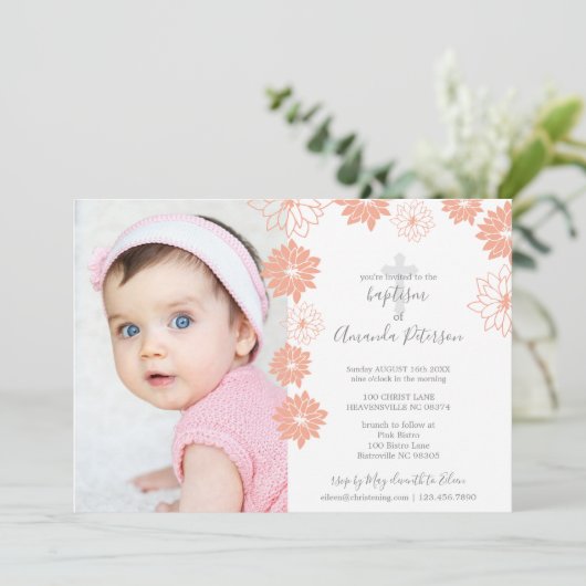 かわいい桃の花柄クロスガールバプテスマ 招待状 (スタンド正面)