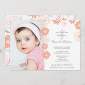 かわいい桃の花柄クロスガールバプテスマ 招待状 (正面/裏面)