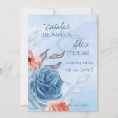 かわいい桃の青いフローラ写真結婚式の日付を保存 案内状 (裏面)