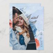 かわいい桃の青いフローラ写真結婚式の日付を保存 案内状 (正面/裏面)