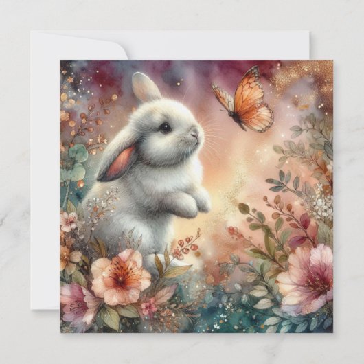 かわいい桃ピンクの水の色バニーフラワーイースター シーズンカード (正面)