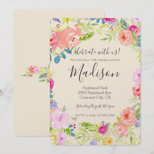 かわいい桃色の水彩花の誕生日 招待状 (正面/裏面)