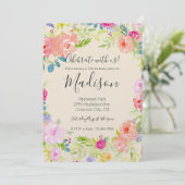 かわいい桃色の水彩花の誕生日 招待状 (スタンド正面)