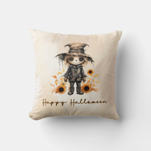 かわいい案山子とゴールドのひまわり ハッピー ハロウィン クッション