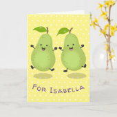 かわいい梨のペア漫画イラストレーション カード (黄色い花)