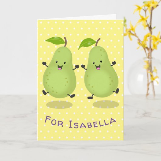 かわいい梨のペア漫画イラストレーション カード (黄色い花)