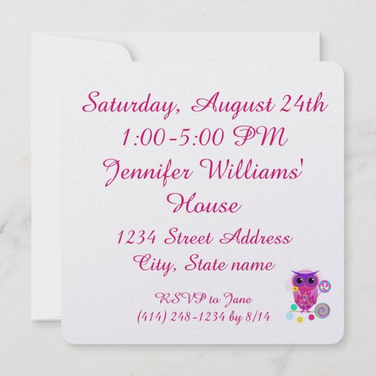 かわいい棒つきキャンデーのフクロウのカスタムな誕生日のパーティの招待状 招待状 (裏面)