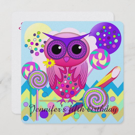 かわいい棒つきキャンデーのフクロウのカスタムな誕生日のパーティの招待状 招待状 (正面/裏面)