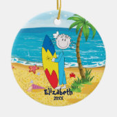 かわいい棒の姿のサーファーの女の子のクリスマスのオーナメント セラミックオーナメント (正面)