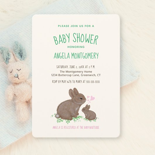 かわいい森のうさぎとハートのベビーシャワー 招待状