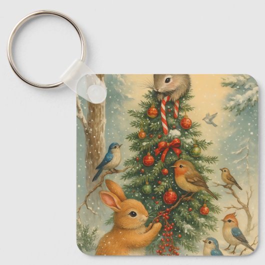 かわいい森のうさぎのクリスマス コーシーな冬の キーホルダー (正面)
