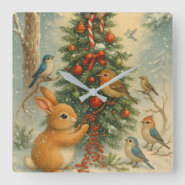 かわいい森のうさぎ クリスマス あたたかな ウィンター スクエア壁時計