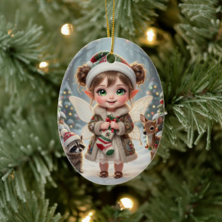 かわいい森のちびキャラ女子のオーダーメイドクリスマス セラミックオーナメント