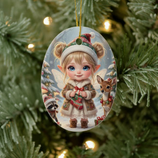 かわいい森のちびキャラ女子のクリスマス オーダーメイドギフト セラミックオーナメント