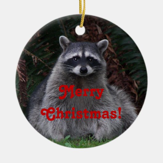 かわいい森のアライグマのクリスマス セラミックオーナメント (正面)