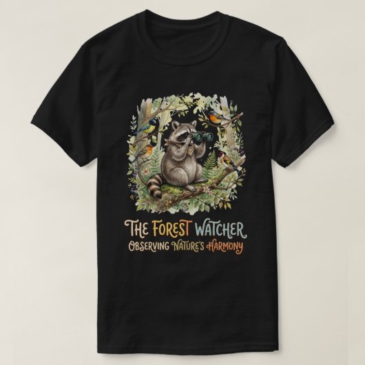 かわいい森のアライグマの野鳥観察イラスト Tシャツ (デザイン正面)