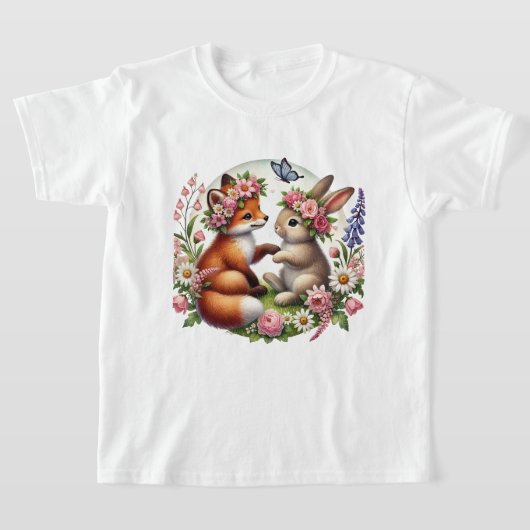 かわいい森のウサギとキツネの女の子 Tシャツ (レイダウン)