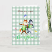 かわいい森のキツネグリーンジンガム1歳の誕生日 招待状 (正面)