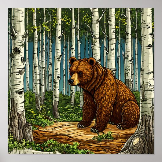 🐻 かわいい森のクマと白樺の木々  ポスター (正面)