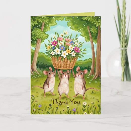 かわいい森のネズミと野草籠ありがとう カード (正面)