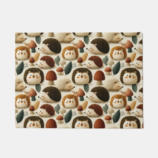 かわいい森のハリネズミとキノコの模様 ドアマット (正面)