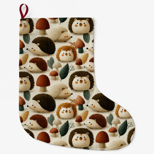 かわいい森のハリネズミとキノコの模様 ラージクリスマスストッキング (正面)
