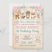 かわいい森のピンクのバラ ワイルドワン 1歳誕生日 招待状 (正面)