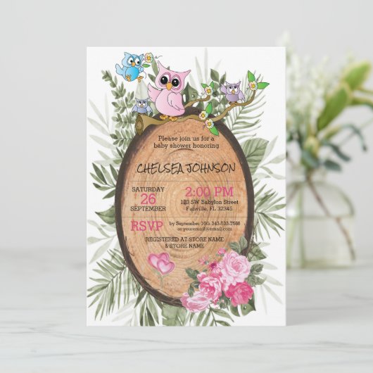 かわいい森のフクロウたちのベビーシャワー  招待状 (スタンド正面)