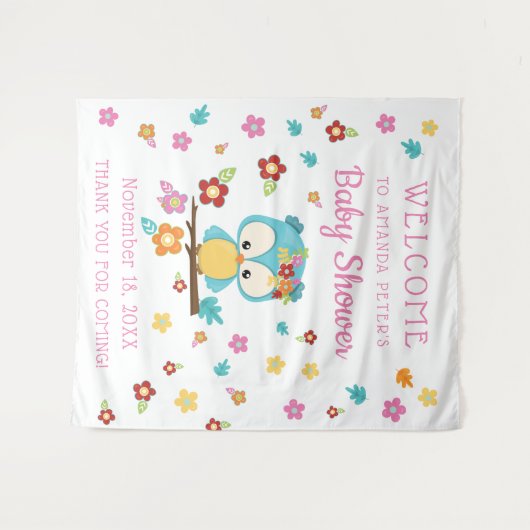 かわいい森のフクロウと花の赤ちゃん女の子ベビーシャワー タペストリー (正面(横))