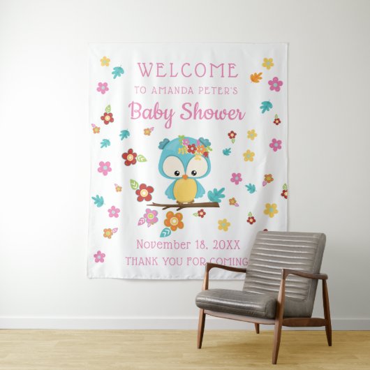 かわいい森のフクロウと花の赤ちゃん女の子ベビーシャワー タペストリー (インサイチュ)