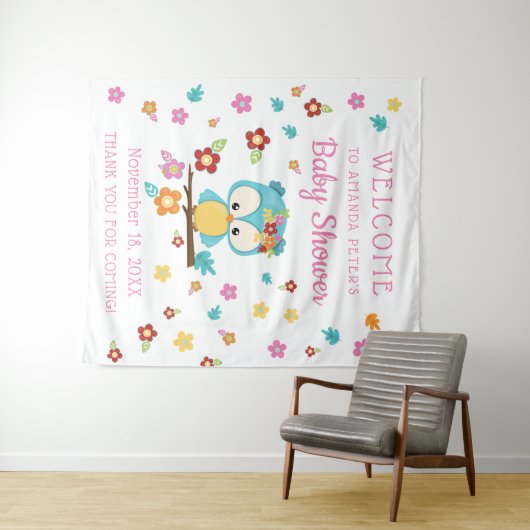 かわいい森のフクロウと花の赤ちゃん女の子ベビーシャワー タペストリー (インサイチュ(横))