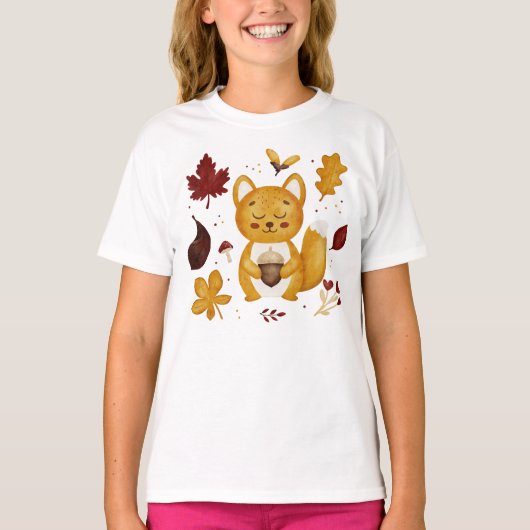 かわいい森のリスとどんぐりの水彩キッズ Tシャツ (正面)