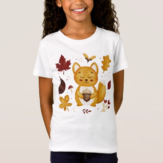 かわいい森のリスとどんぐりの水彩キッズ Tシャツ (正面)