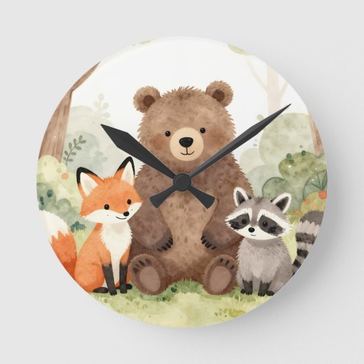かわいい森の仲間たち クマ キツネ ラッパー 水彩 ラウンド壁時計 (正面)