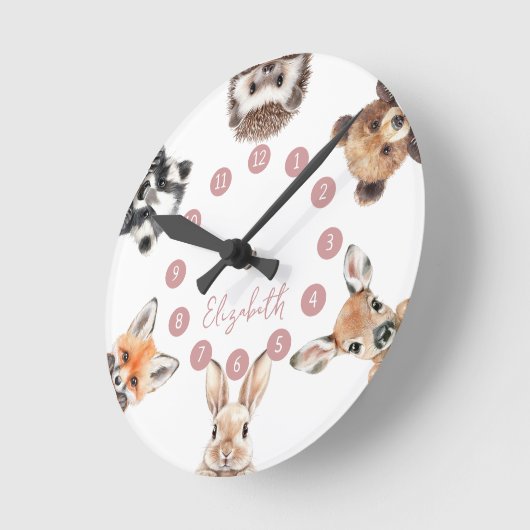 かわいい森の仲間たち 林の動物 ピンクの保育園 ラウンド壁時計 (傾斜)